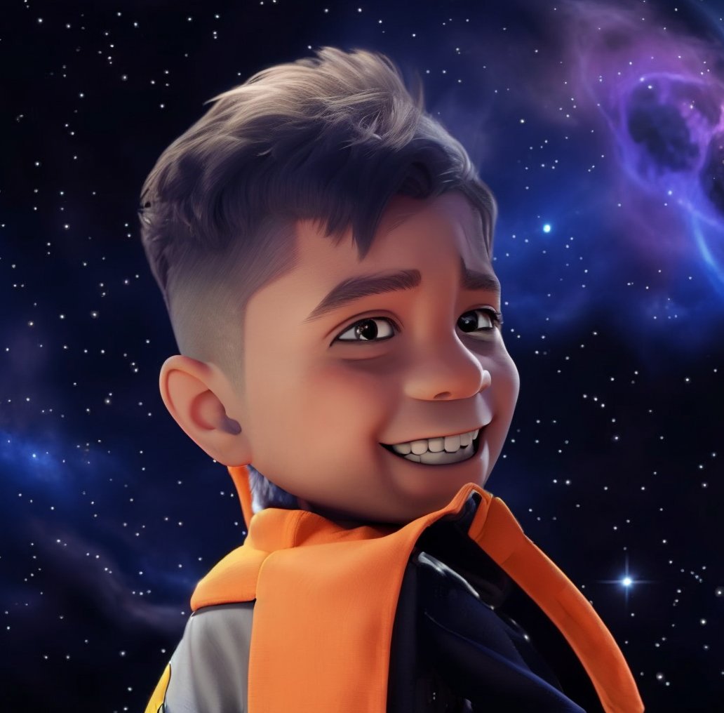 A happy cartoon boy in a space suit.